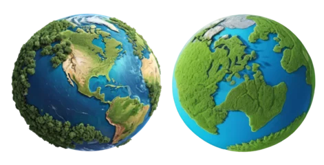 Fotobehang Cartoon 3D render illustration of Planet Earth, cut out globe isolated on white or transparent backgroun with two different variations, planet with green trees, oceans and continents. © Eduardo Accorinti