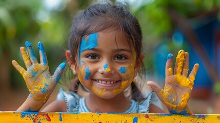 Little Girl With Blue and Yellow Hands