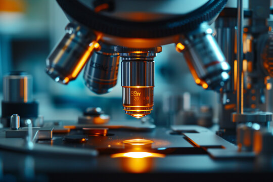 Microscope with metal lens at laboratory. Scientific and healthcare research, examining of test sample in a lab. Medical equipment. Science and technology concept