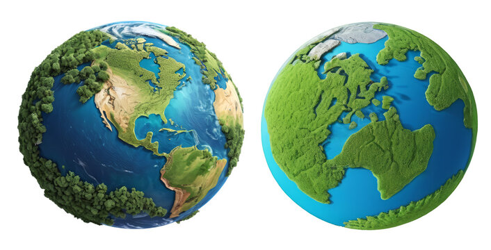 Cartoon 3D render illustration of Planet Earth, cut out globe isolated on white or transparent backgroun with two different variations, planet with green trees, oceans and continents.