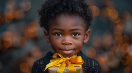 Young Child Holding Gift With Yellow Ribbon - obrazy, fototapety, plakaty