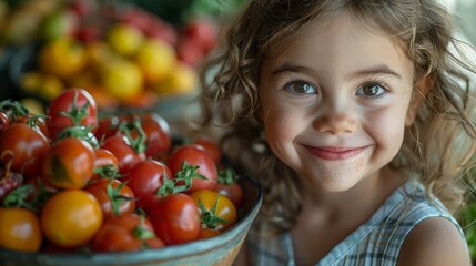 Fototapeta na wymiar Young Girl by Bowl of Tomatoes