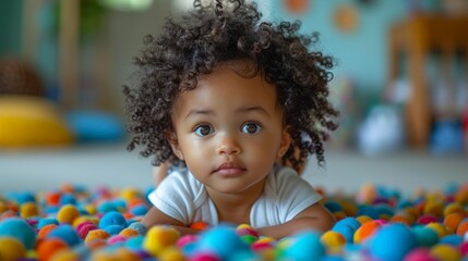 Little Girl Laying on Pile of Balls