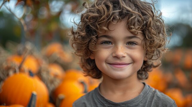 Young Boy Standing in Pumpkin Field