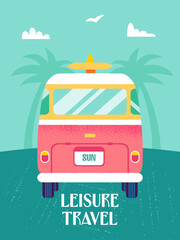 Leisure Travel Van Tropical. Vector Illustration of Flat Car for Surf and Leisure.