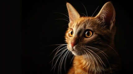 A close-up portrait of a domestic red cat with luminous eyes and detailed whiskers, set against a dark background..