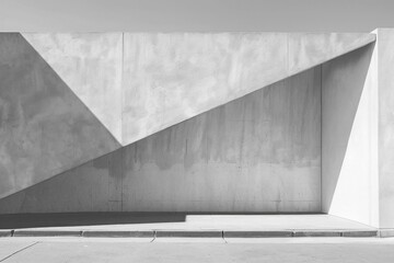 A minimalist architectural detail showcasing the sharp lines and contrasting shadows of a concrete structure against a clear sky, black and white background