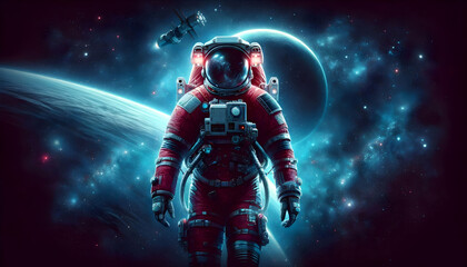 illustration of astronaut with red suit, full body and floating ultra