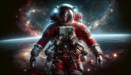 Fototapeta premium illustration of astronaut with red suit, full body and floating ultra