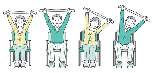 椅子に座ってストレッチをする高齢男女イラストセット