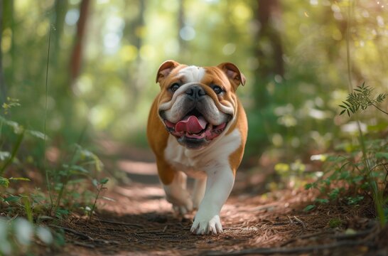 An energetic English Bulldog captured mid-run in a forest, expressing joy and playfulness amidst nature