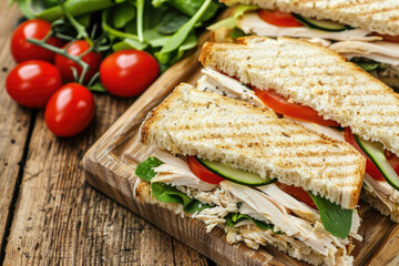Large delicious club sandwich with roast chicken, greens and vegetables on dark wooden table