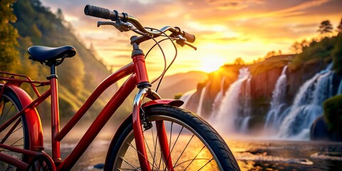 Rotes Fahrrad vor einem Wasserfall bei Sonnenuntergang.
