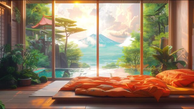 Tranquil VTuber backdrop featuring a serene Japanese room with Mount Fuji view, perfect for streaming. Immerse in zen ambiance with traditional decor.