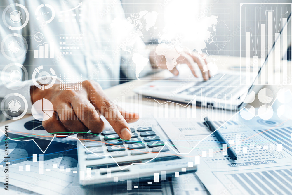 Poster data analysis for business and finance concept. interface showing future computer technology of prof