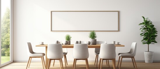 Modern interior background with a mockup poster frame in a Scandinavian style dining room.