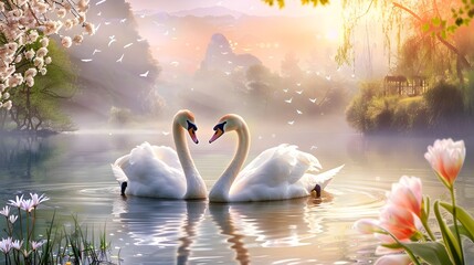 Two white swans. Romantic background. The romance of a white swan with a clear beautiful landscape. Generative AI - obrazy, fototapety, plakaty