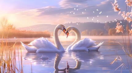 Two white swans. Romantic background. The romance of a white swan with a clear beautiful landscape. Generative AI - obrazy, fototapety, plakaty