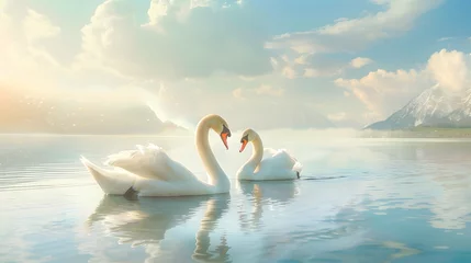 Rolgordijnen Two white swans. Romantic background. The romance of a white swan with a clear beautiful landscape. Generative AI © Ziyan