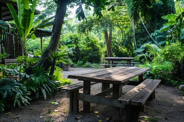 Wooden table set in a lush garden Inviting a sense of relaxation and outdoor dining amidst nature Perfect for peaceful moments and social gatherings