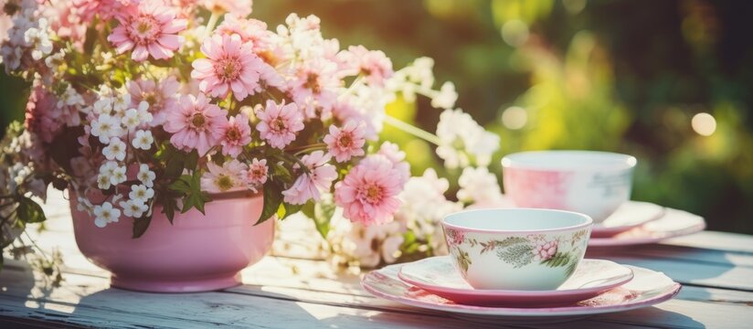 A pink Flower vase adorns the table alongside Cup and Saucer sets, creating a charming display of Pink blooms and Tableware