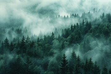 Dense forest with numerous trees enveloped in thick fog, creating a mysterious and ethereal...