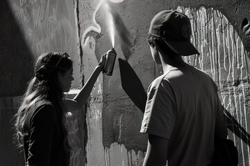 A man and a woman are painting a wall with spray paint. Image created by AI - obrazy, fototapety, plakaty