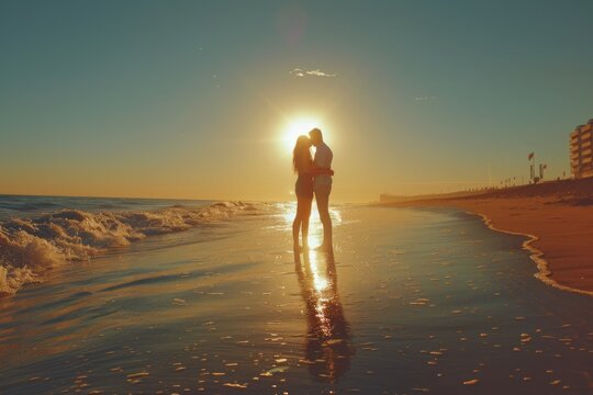 A couple in love kisses on the seashore in the rays of the bright afternoon sun. Silhouette in yellow shades. Go-pro shot.