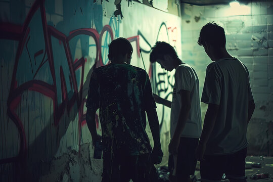 Three young men are standing in front of a wall covered in graffiti. Image created by AI