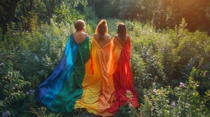 Three girlfriends wrapped themselves in an LGBT flag. View from a drone.