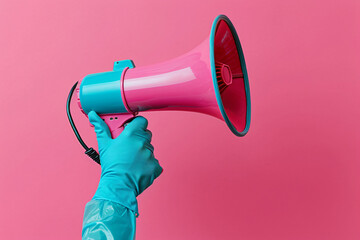 Hand in blue protective rubber glove with megaphone isolated on pink background with copy space. Professional cleaner, spring cleaning time. Cleaning service concept