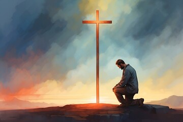 Man praying in front of a cross. Colorful watercolor abstract