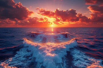 Dramatic sunset seascape with vibrant colors and a unique wave formation against the sun's glow