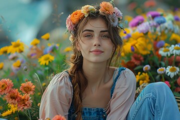 A serene woman with a floral crown sits among a field of wildflowers