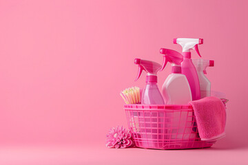 Cleaning set for different surfaces in kitchen, bathroom and other rooms. Basket with cleaning items on pink background. Spring cleaning. Cleaning service concept with copy space