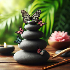 Stacked Zen Stone Pebbles with Butterflies in a Spa with a Blurry Leafy Background