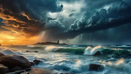 Photo sur Plexiglas Vert bleu Paisaje marino, olas y tormenta. Nubes dramáticas, ondas