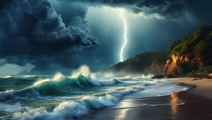 Krajobraz morski, burza i sztorm. Dramatyczne  burzowe chmury, piorun - obrazy, fototapety, plakaty