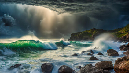 Krajobraz morski, burza i sztorm. Dramatyczne  burzowe chmury - obrazy, fototapety, plakaty