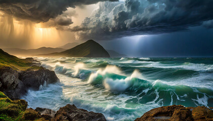 Paisaje marino, olas y tormenta. Nubes dramáticas, ondas - obrazy, fototapety, plakaty