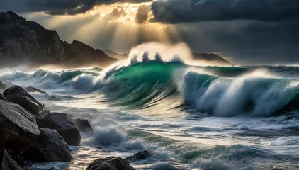 Photo sur Plexiglas Blue nuit Krajobraz morski, burza i sztorm. Dramatyczne  burzowe chmury