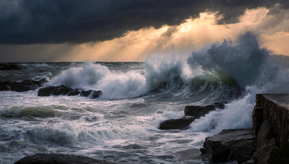 Krajobraz morski, burza i sztorm. Dramatyczne  burzowe chmury - obrazy, fototapety, plakaty