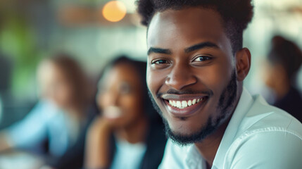 Confident young professional African American young business man enjoying team meeting at work, bright smile, beautiful teeth
