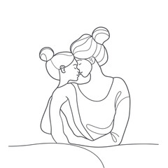 Hand drawn line art of mother and kid in flowers background