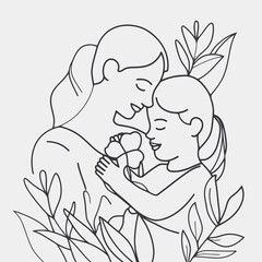 Hand drawn line art of mother and kid in flowers background
