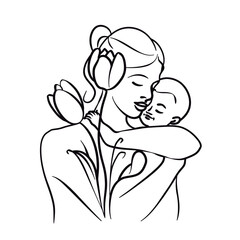 Hand drawn line art of mother and kid in flowers background