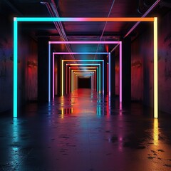 Modern architecture of a colorful tunnel with minimalist LED lights that creates a fascinating visual experience, disco party, futuristic technology