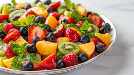 Close up of fruit salad made with mango, kiwis, blueberries, raspberries, strawberries and chia seed on white plate, light background.