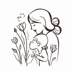 Hand drawn line art of mother and kid in flowers background