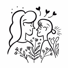 Hand drawn line art of mother and kid in flowers background